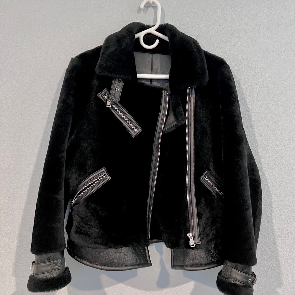 Black Lambswool and Lambskin Leather Jacket